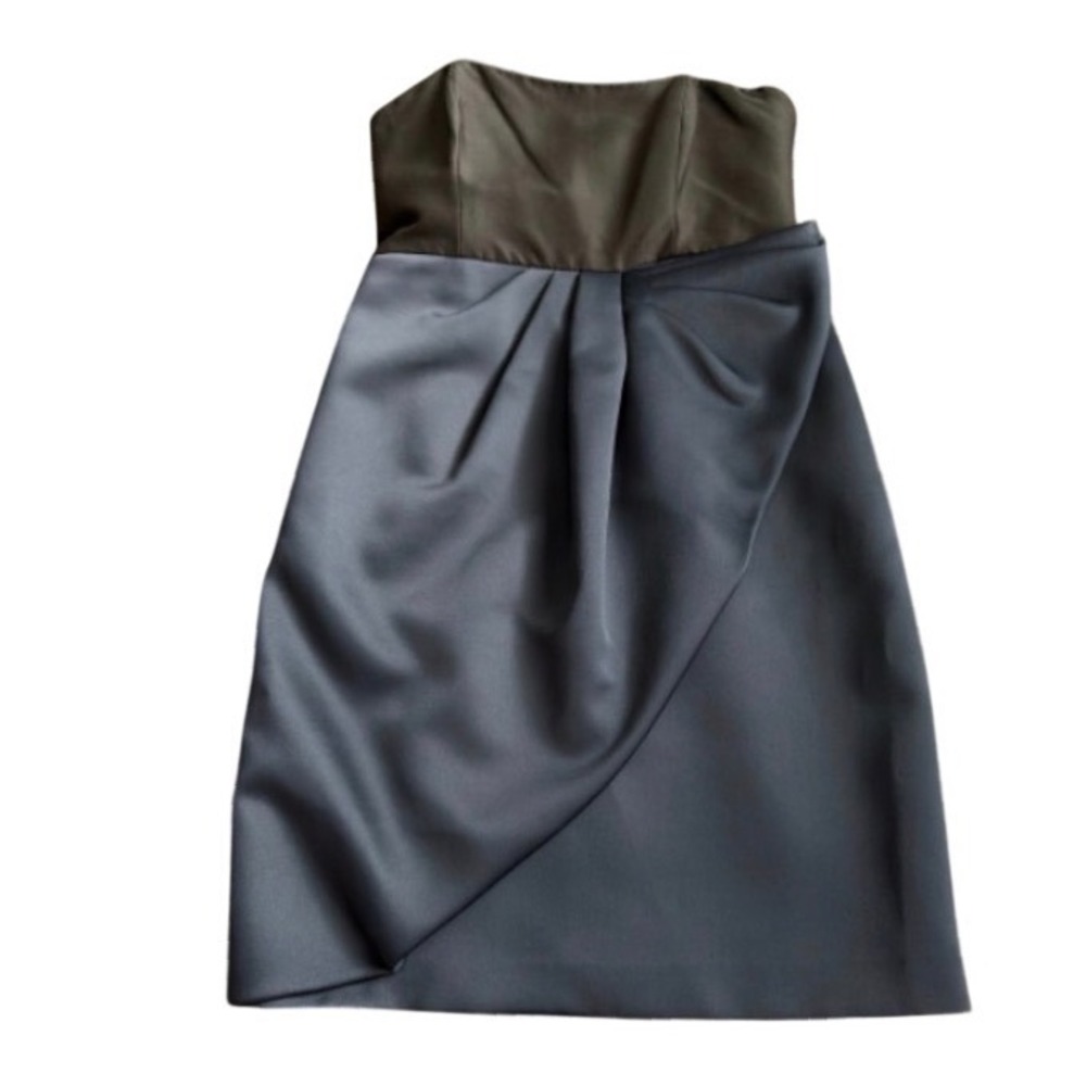 Halston Strapless Cocktail Dress Navy Blue Black Silk Blend Tulip Skirt